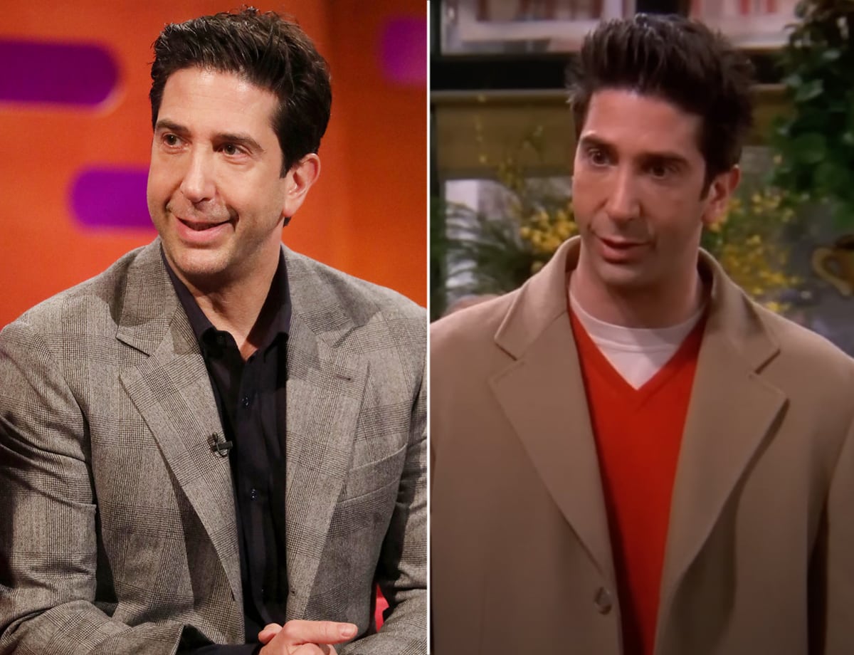 David Schwimmer, known for his role as Ross Geller on Friends, is shown in a recent interview (left) and in a memorable scene from the show (right)