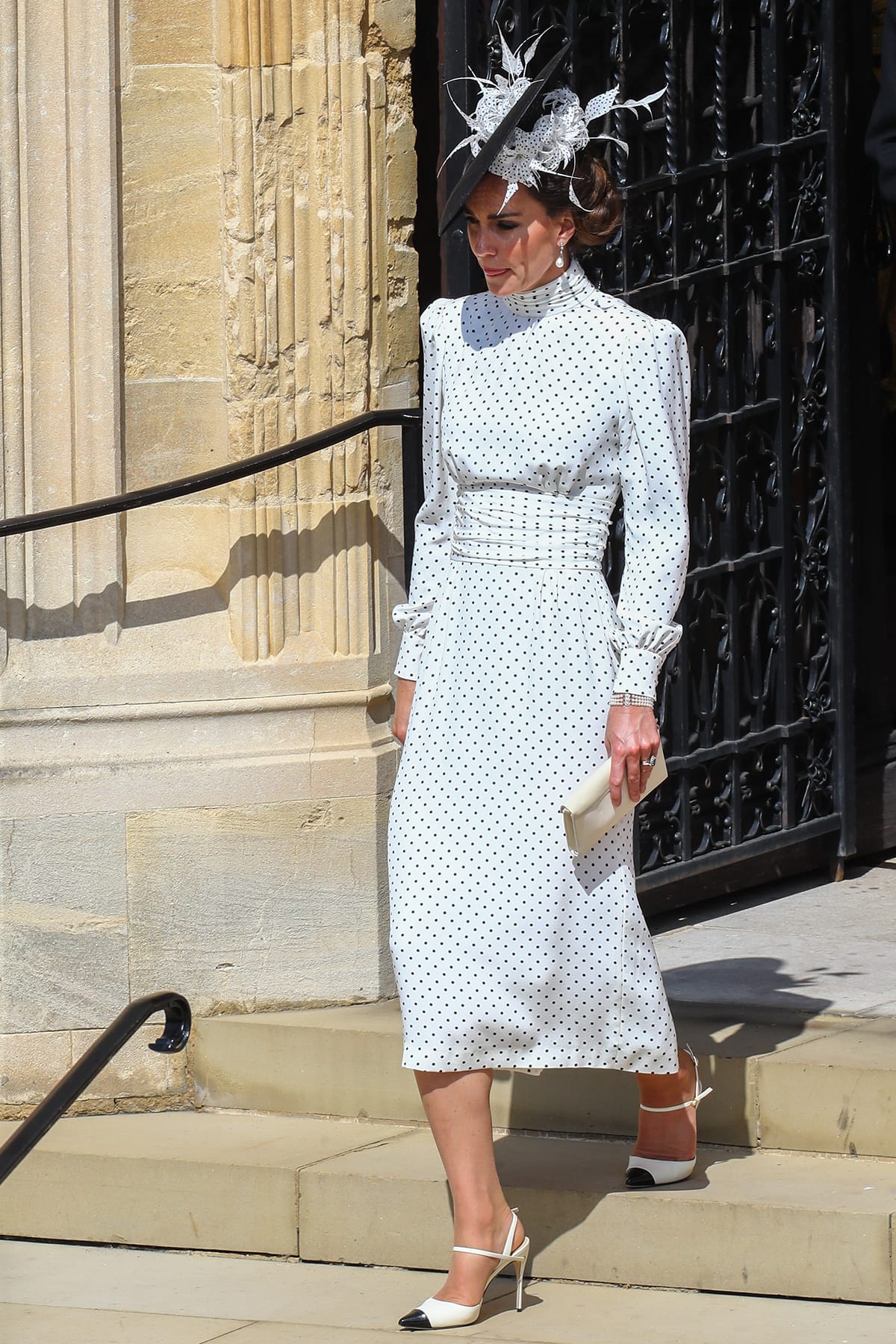 Kate Middleton channels Eliza Doolittle in a bespoke black-and-white polka dot midi dress by Alessandra Rich and two-tone Jennifer Chamandi pumps at the 2023 Order of the Garter Service on June 19, 2023