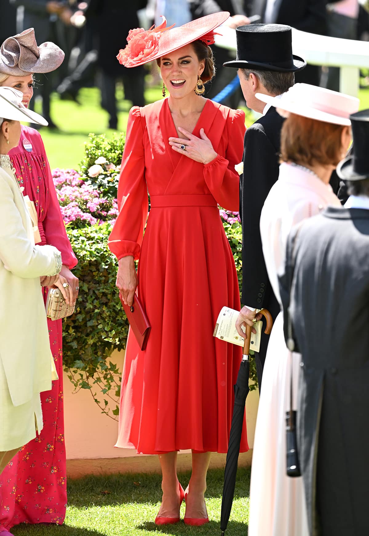 Kate Middleton attends the 2023 Royal Ascot in a red Alexander McQueen dress with matching Jennifer Chamandi Lorenzo pumps on June 23, 2023