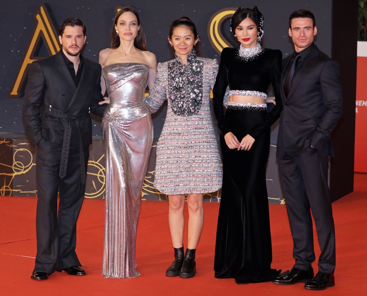 Kit Harington, Angelina Jolie, Chloe Zhao, Gemma Chan, and Richard Madden attend the red carpet of the movie 