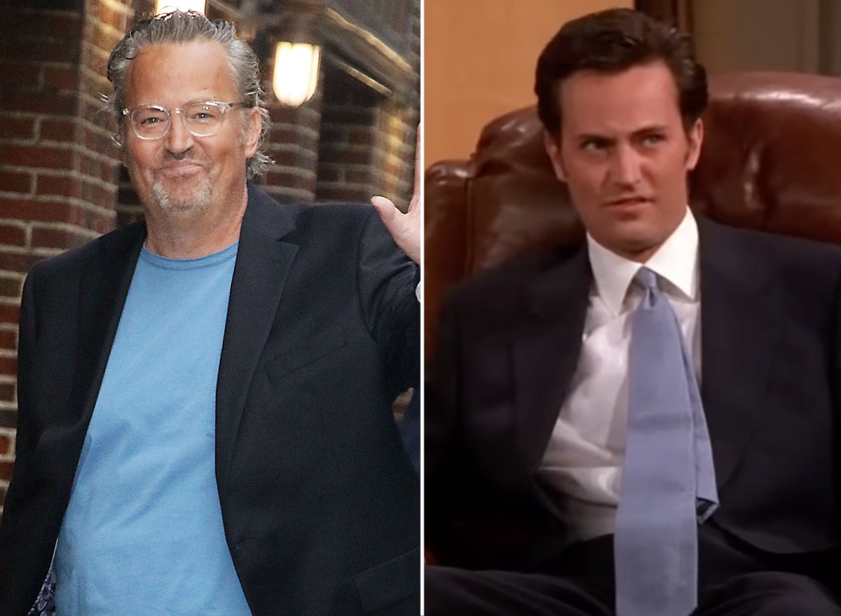 Matthew Perry, known for his role as Chandler Bing on Friends, is shown in a recent photo (left) alongside a classic moment from the show (right)