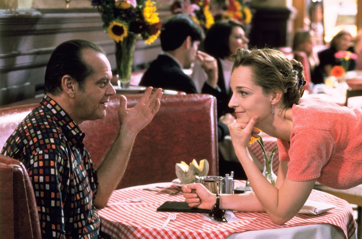Jack Nicholson as Melvin Udall and Helen Hunt as Carol Connelly in the 1997 romantic comedy-drama film As Good as It Gets