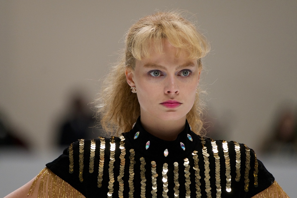 Margot Robbie as Tonya Harding in the 2017 biographical sports mockumentary dark comedy film I, Tonya