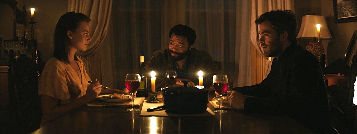 Margot Robbie as Ann Burden, Chiwetel Ejiofor as John Loomis, and Chris Pine as Caleb in the 2015 apocalyptic science fiction film Z for Zachariah