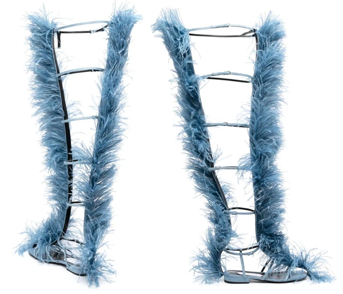Adorned with vibrant blue feathers, these sandals showcase a high gladiator-inspired silhouette