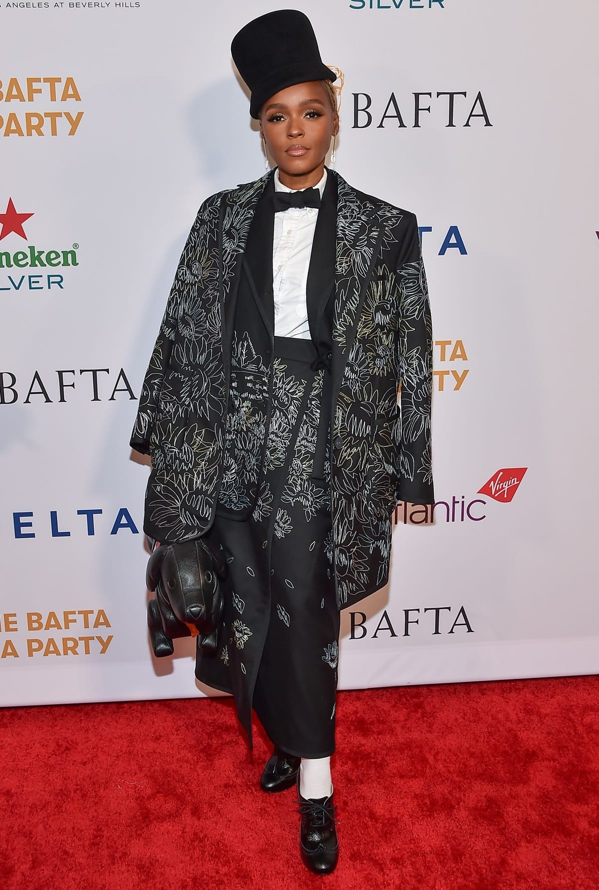Janelle Monáe attended the BAFTA Tea Party in a complete Thom Browne ensemble featuring an embroidered skirt suit