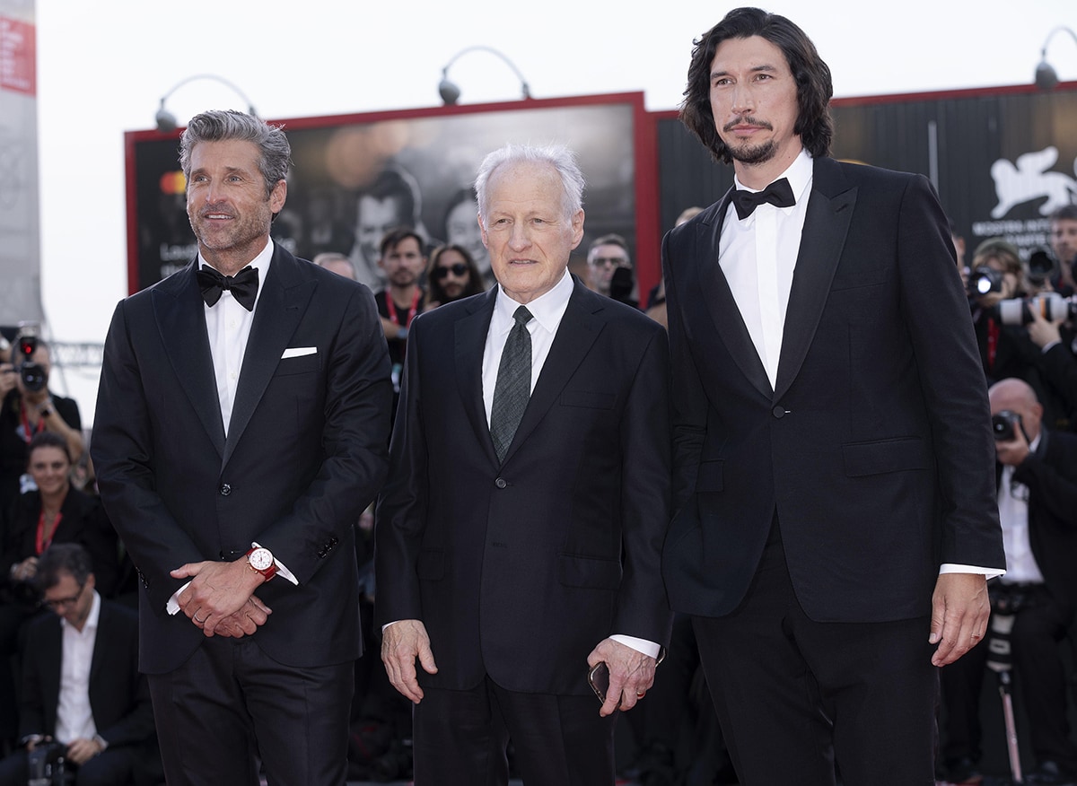 Ferrari movie cast Patrick Dempsey and Adam Driver with director Michael Mann at the premiere of their new movie during the 80th Venice Film Festival