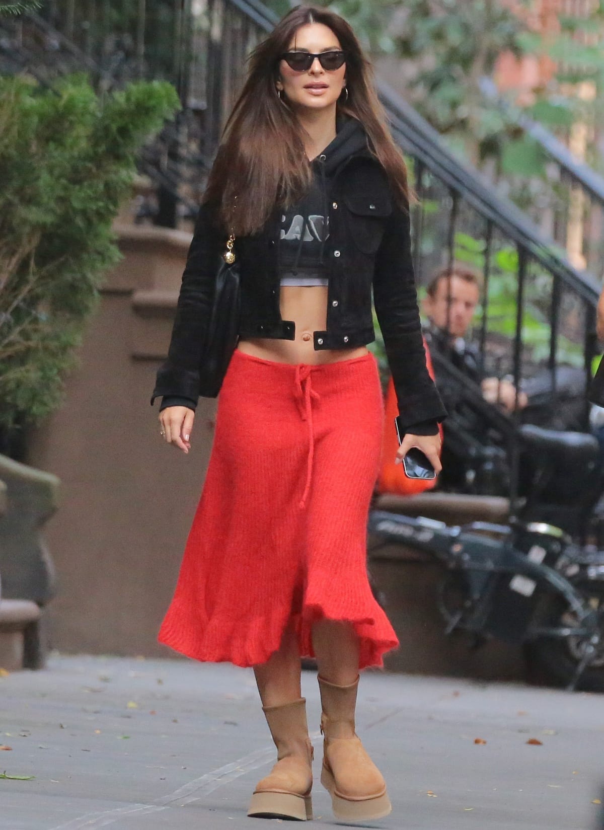 Emily Ratajkowski also wore a bright red low-rise crochet skirt to add a burst of color to her look