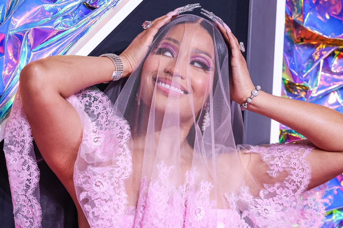 Nicki Minaj completed her look with a matching see-through veil and an assortment of diamond jewelry