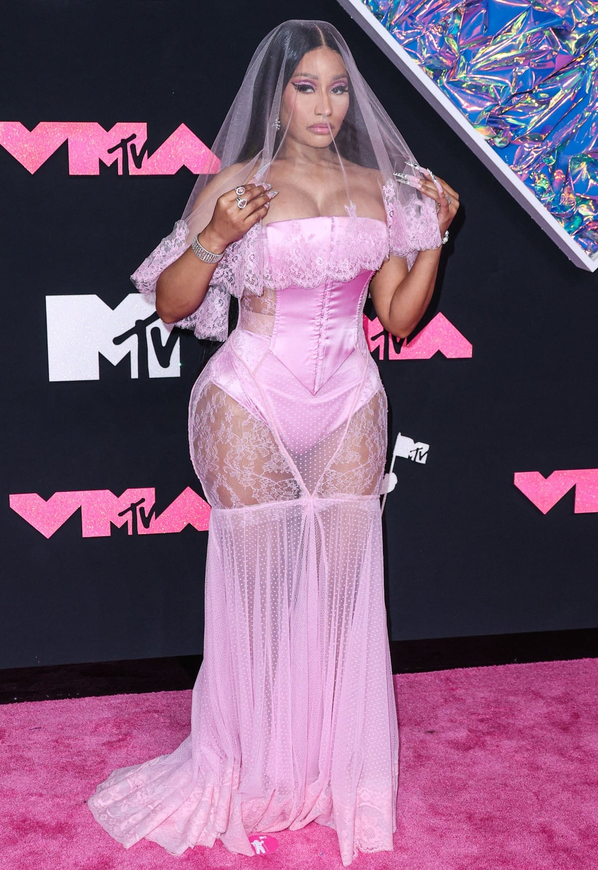 Nicki Minaj embodying a Barbie bride in a pale pink Dolce & Gabbana creation at the 2023 MTV Video Music Awards