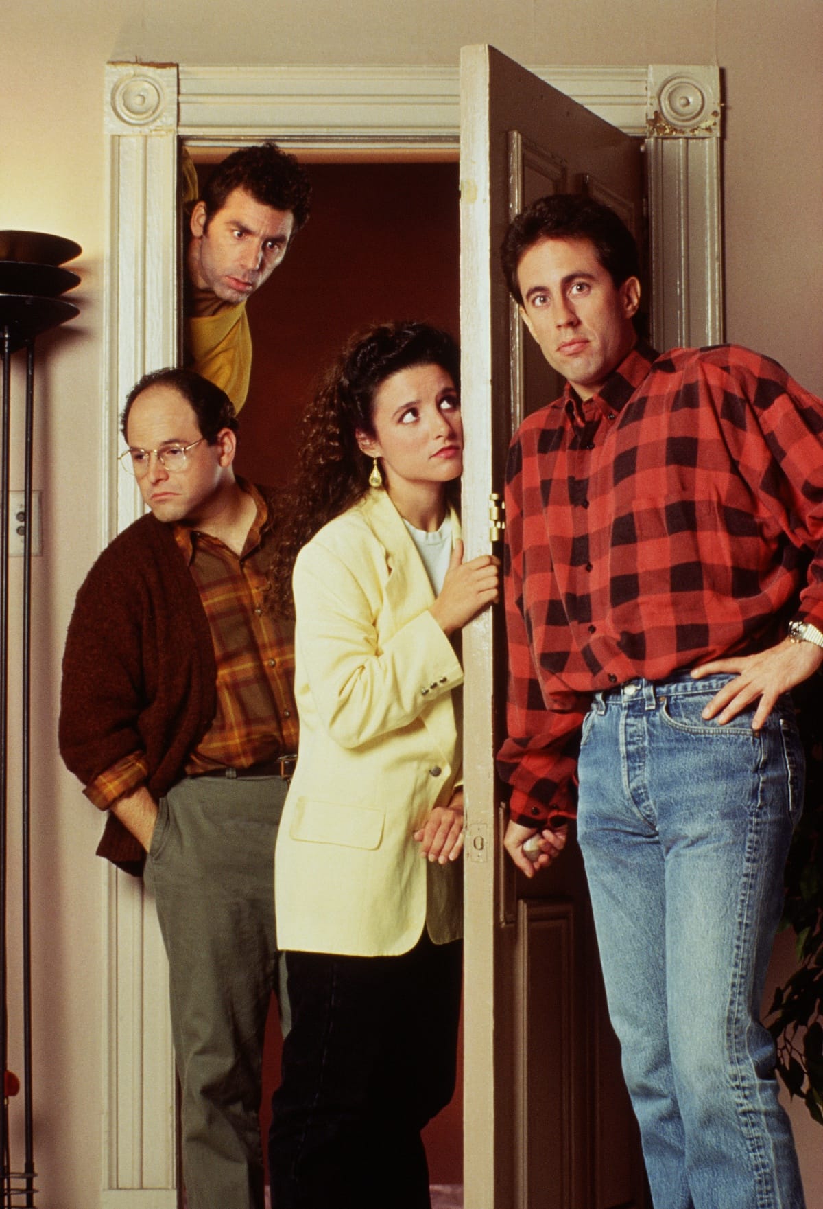 Promo shot of American television sitcom Seinfeld featuring Michael Richards as Cosmo Kramer, Jason Alexander as George Costanza, Julia Louis-Dreyfus as Elaine Benes, and Jerry Seinfeld as Jerry Seinfeld