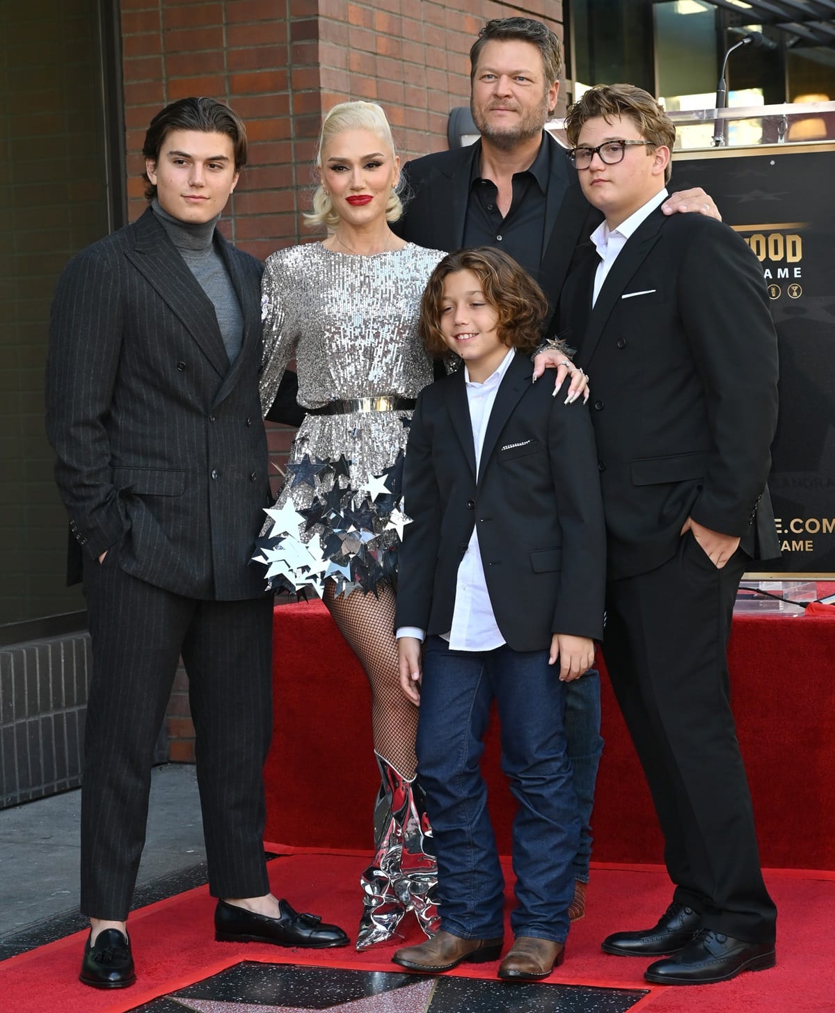 Gwen Stefani with her sons Kingston Rossdale, Apollo Rossdale, and Zuma Rossdale, alongside her partner Blake Shelton