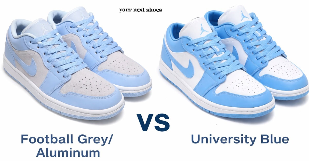 Nike Air Jordan 1 Low “Football Grey/Aluminum” vs. “University Blue”: a side-by-side comparison highlighting the softer, muted grey-and-powder blue palette against the brighter, high-contrast UNC-inspired colorway