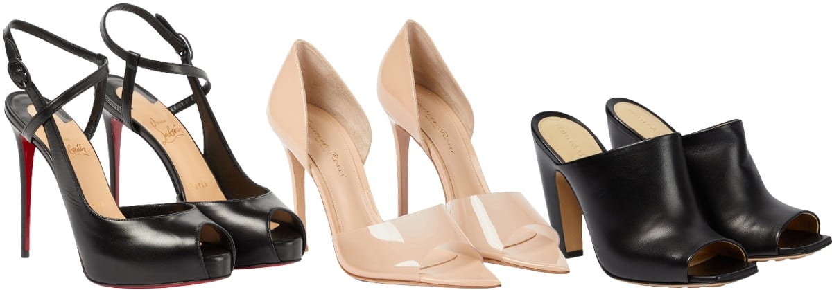 Peep-toe shoes have open-toe boxes and vary in style from slingbacks to pumps and mules