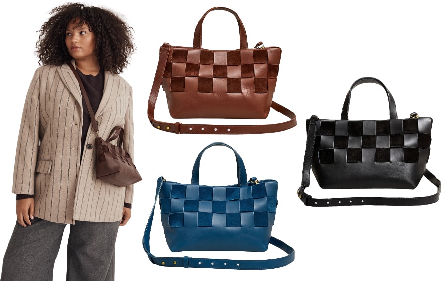 The Basketweave Mini Crossbody Tote is a luxuriously woven tote in suede and leather materials complete with a top handle and an adjustable crossbody strap