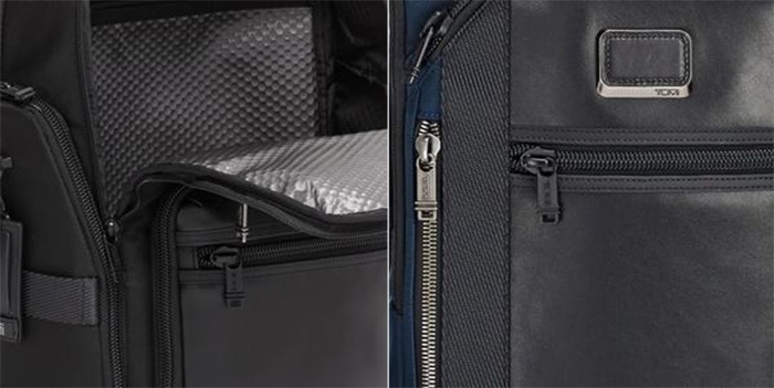 TUMI uses eco-friendly materials, such as water-based poly-fabric and recycled zinc