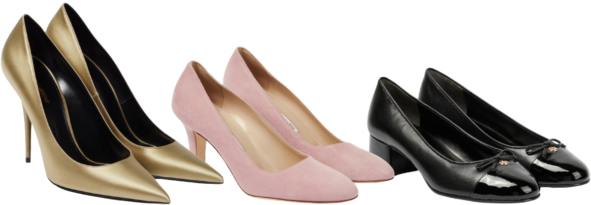 Court heels are shoes with no straps and usually have a low-cut vamp and low to high-heel height