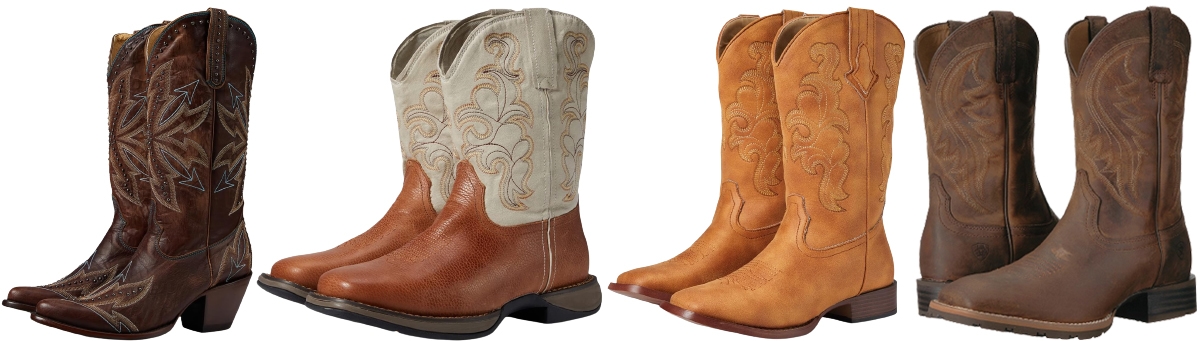 Cowboy boots are characterized by tall shafts, angled heels, and heritage stitchings