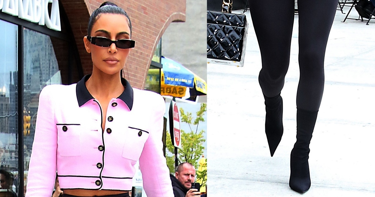 Kim Kardashian showcases her tiny waist in vintage Chanel pink and black  cropped jacket with leggings for New York City outing