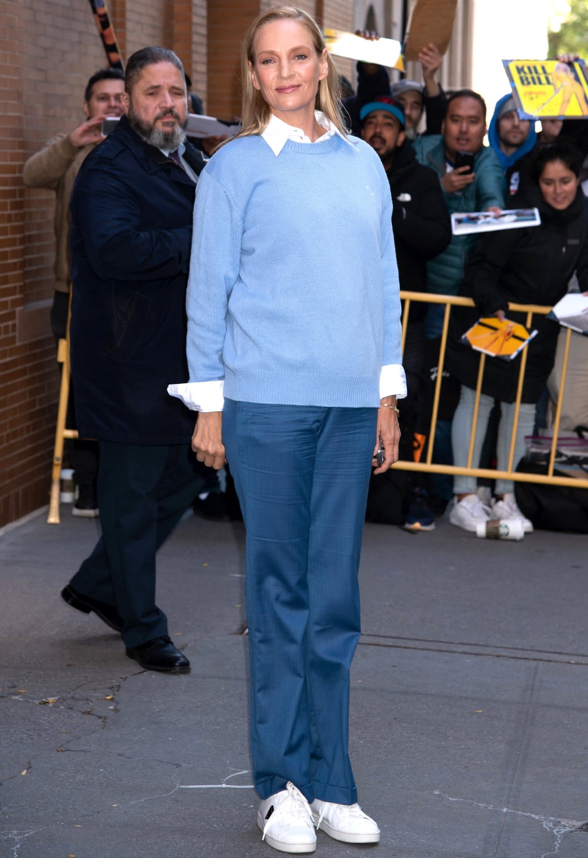 Uma Thurman wearing a chic Prada ensemble outside The View studios