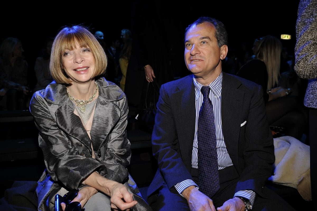 February 18, 2008: Anna Wintour, esteemed Editor-in-Chief of Vogue, and Leonardo Ferragamo, one of the children of Salvatore Ferragamo and a prominent figure in the family's luxury brand, captivate attention from the front row at Milan's Fashion Week