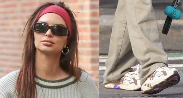 Emily Ratajkowski Embraces Y2K With Wide Headband and Adidas x Bad Bunny Dad Sneakers During Walk with Her Dog