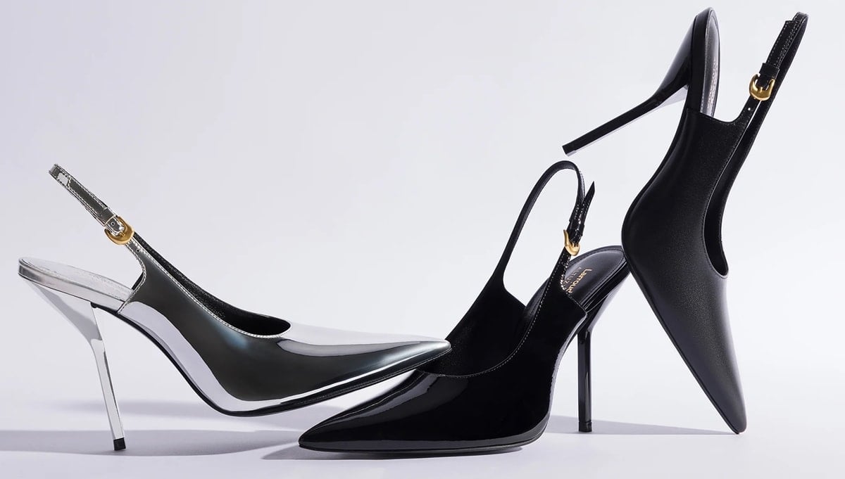 These slingback pumps were meticulously crafted from silver specchio leather, black patent leather, and black leather, and they feature pointed toes and 4-inch heels
