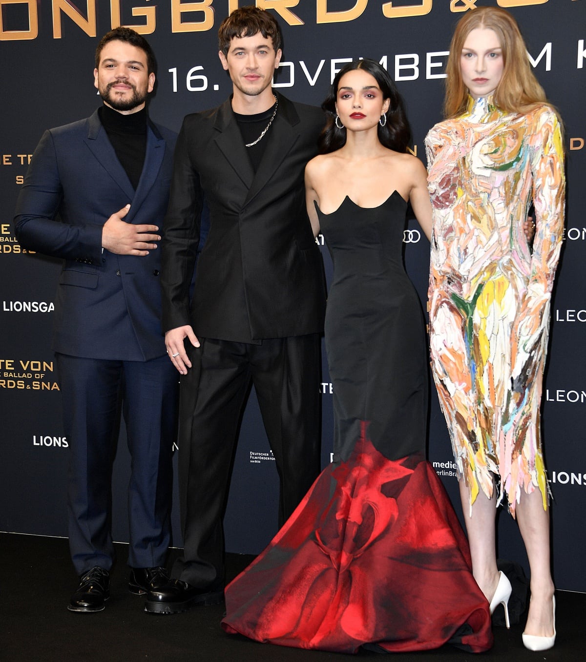 Josh Andres Rivera, Tom Blyth, Rachel Zegler, and Hunter Schafer making a striking entrance at the premiere of The Hunger Games: The Ballad of Songbirds and Snakes in Berlin
