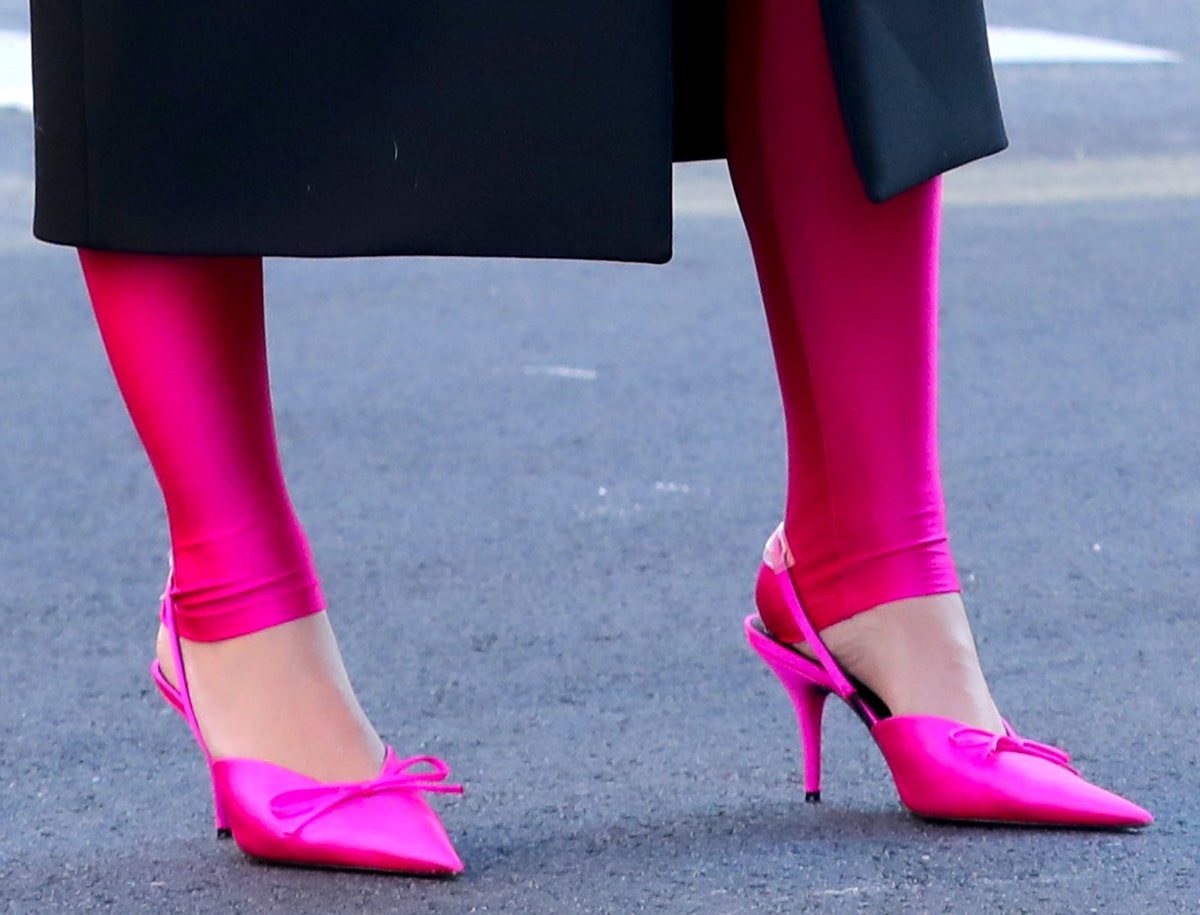 Emily Ratajkowski completes her hot pink Barbiecore look with fuchsia Balenciaga Knife slingback pumps