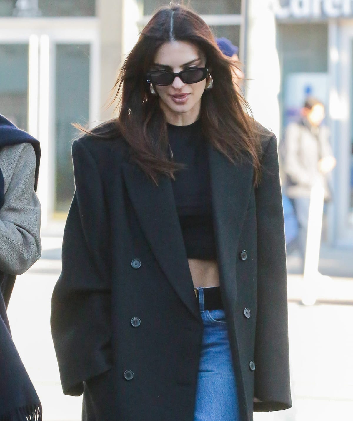 Emily Ratajkowski's heavyweight double-breasted winter coat is part of Wardrobe.NYC's collaboration with Hailey Bieber