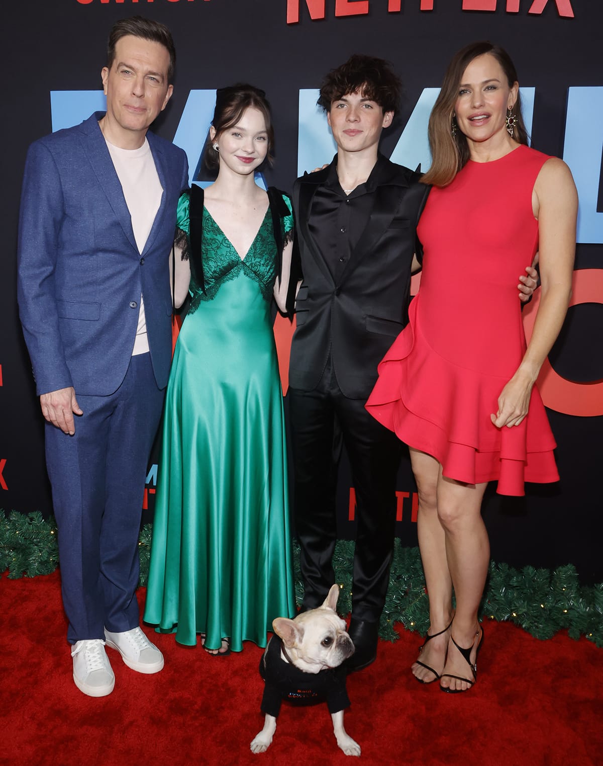 Ed Helms, Emma Myers, Brady Noon, and Jennifer Garner at the Los Angeles premiere of Family Switch held at the AMC The Grove 14 on November 29, 2023