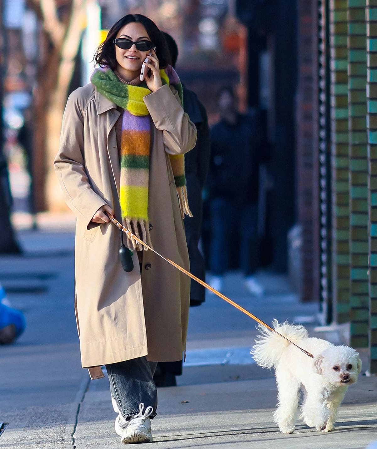 Camila Mendes nails French girl style in a camel Everlane trench coat and a colorful Urban Outfitters scarf while walking her Maltipoo rescue dog Truffle