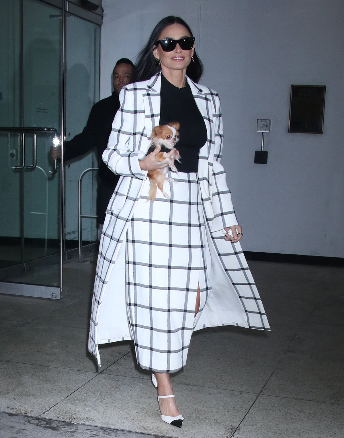 Demi Moore visits The Drew Barrymore Show in a black and white Carolina Herrera plaid coat and midi skirt to promote Feud: Capote vs. The Swans with her Chihuahua Pilaf