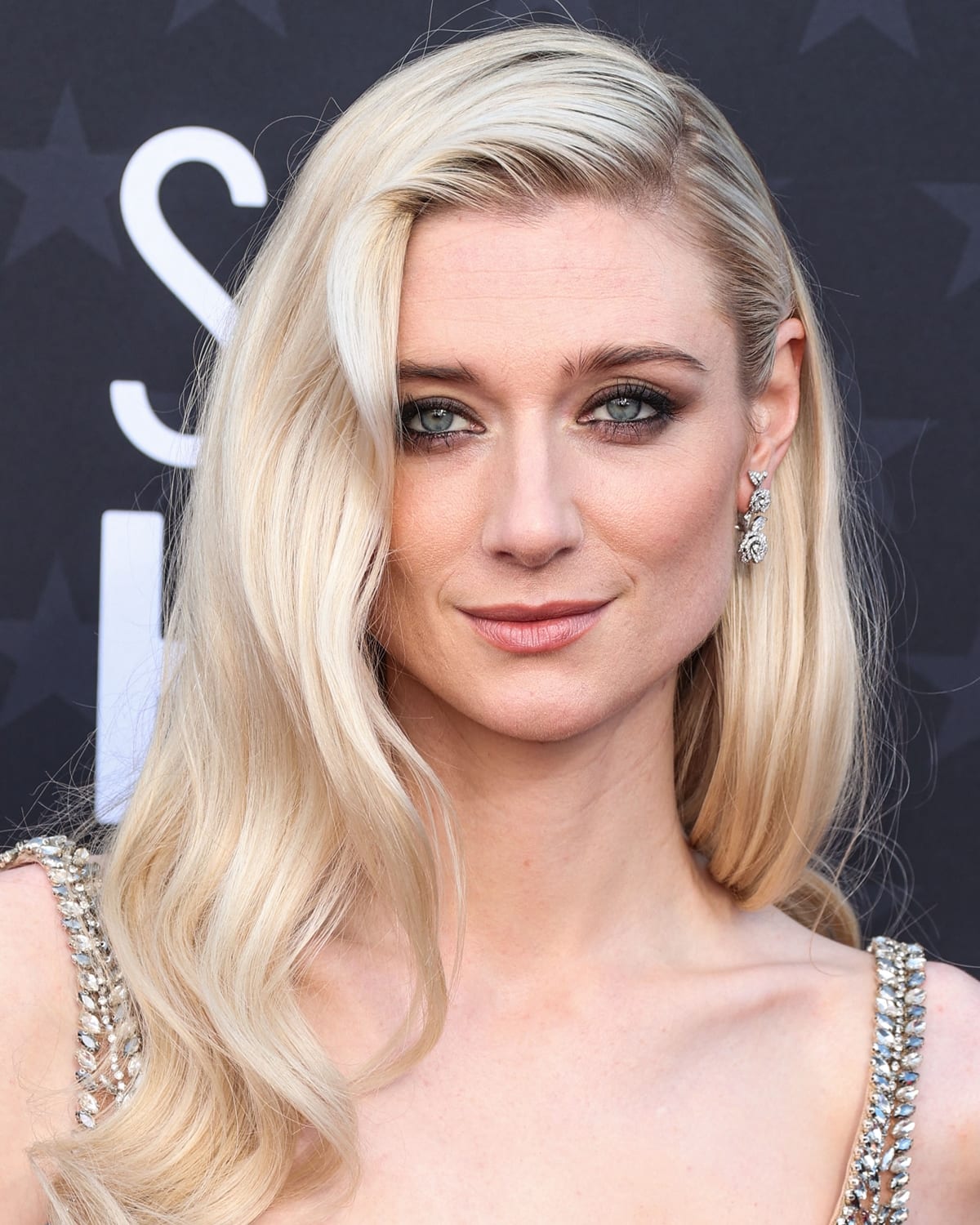 Elizabeth Debicki wore simple yet exquisite jewelry from Christian Dior, showcasing the Dior Large Rose Dior Bagatelle earrings, which added a touch of luxury to her outfit