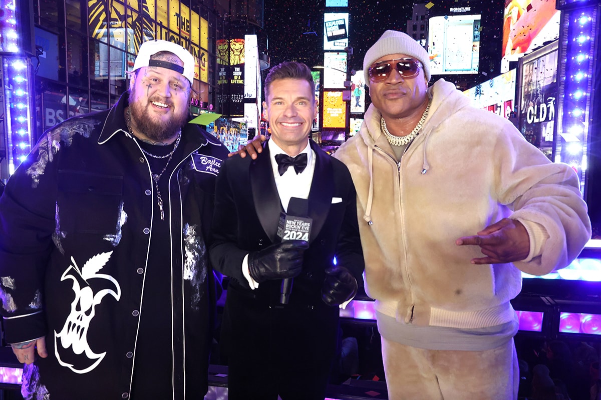 Jelly Roll, Ryan Seacrest, and LL Cool J at Dick Clark's New Year's Rockin' Eve 2024 in Times Square on December 31, 2023