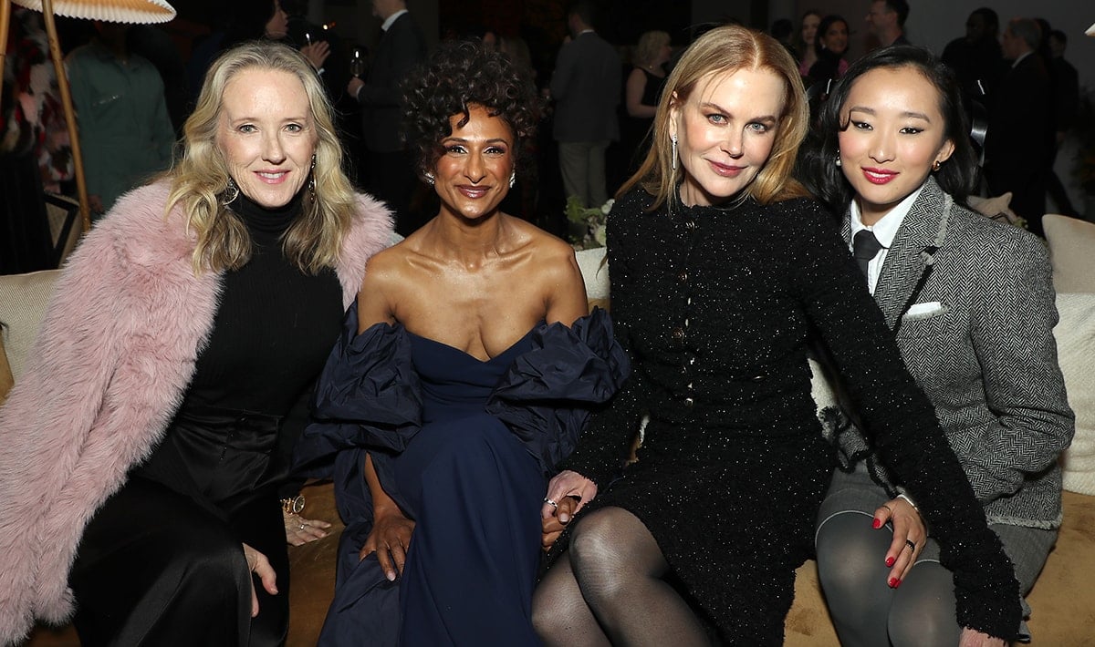 Nicole Kidman posing with Jennifer Salke, Head of Amazon MGM Studios, and co-stars Sarayu Blue and Ji-young Yoo at the Expats premiere after-party on January 21, 2024