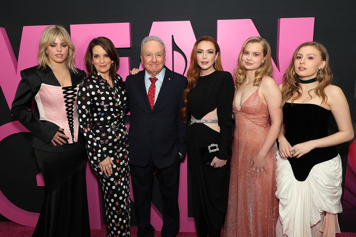 Reneé Rapp, Tina Fey, Lorne Michaels, Lindsay Lohan, Angourie Rice, and Bebe Wood attend the Global Premiere of "Mean Girls"
