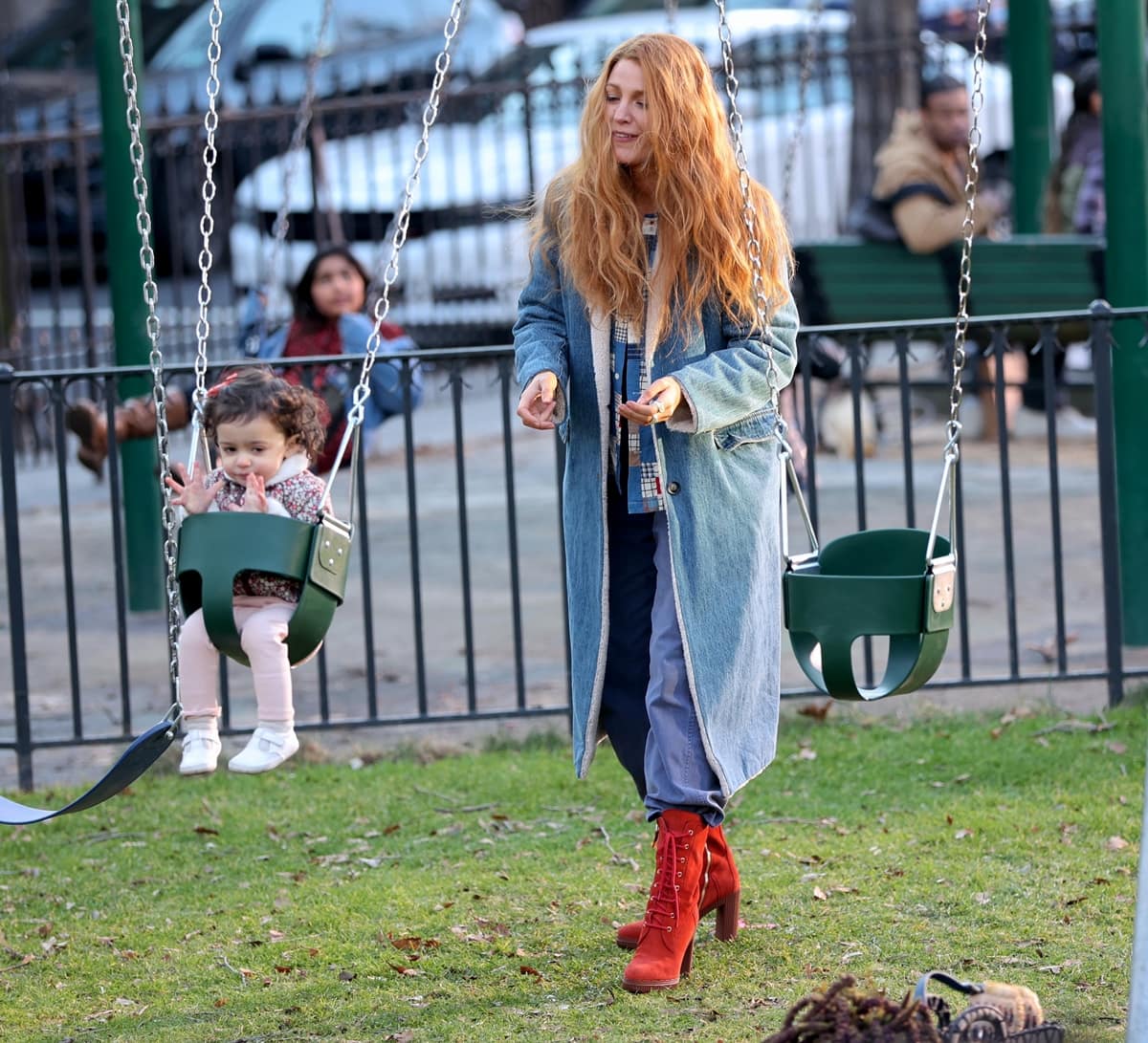 Captured in a denim-on-denim look, Blake Lively, on set in New Jersey, brings life to Lily Bloom's straightforward style