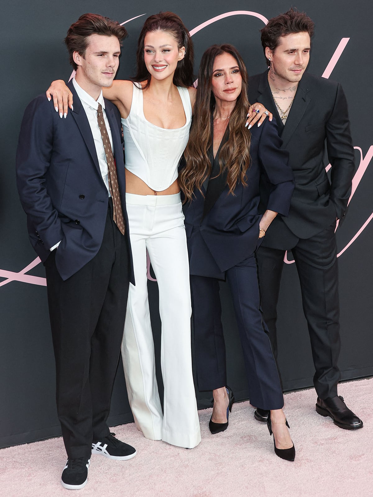 Cruz Beckham, Nicola Peltz Beckham, Victoria Beckham, and Brooklyn Beckham at the Los Angeles premiere of Peltz's directorial debut, Lola, held at Regency Bruin Theatre on February 3, 2024