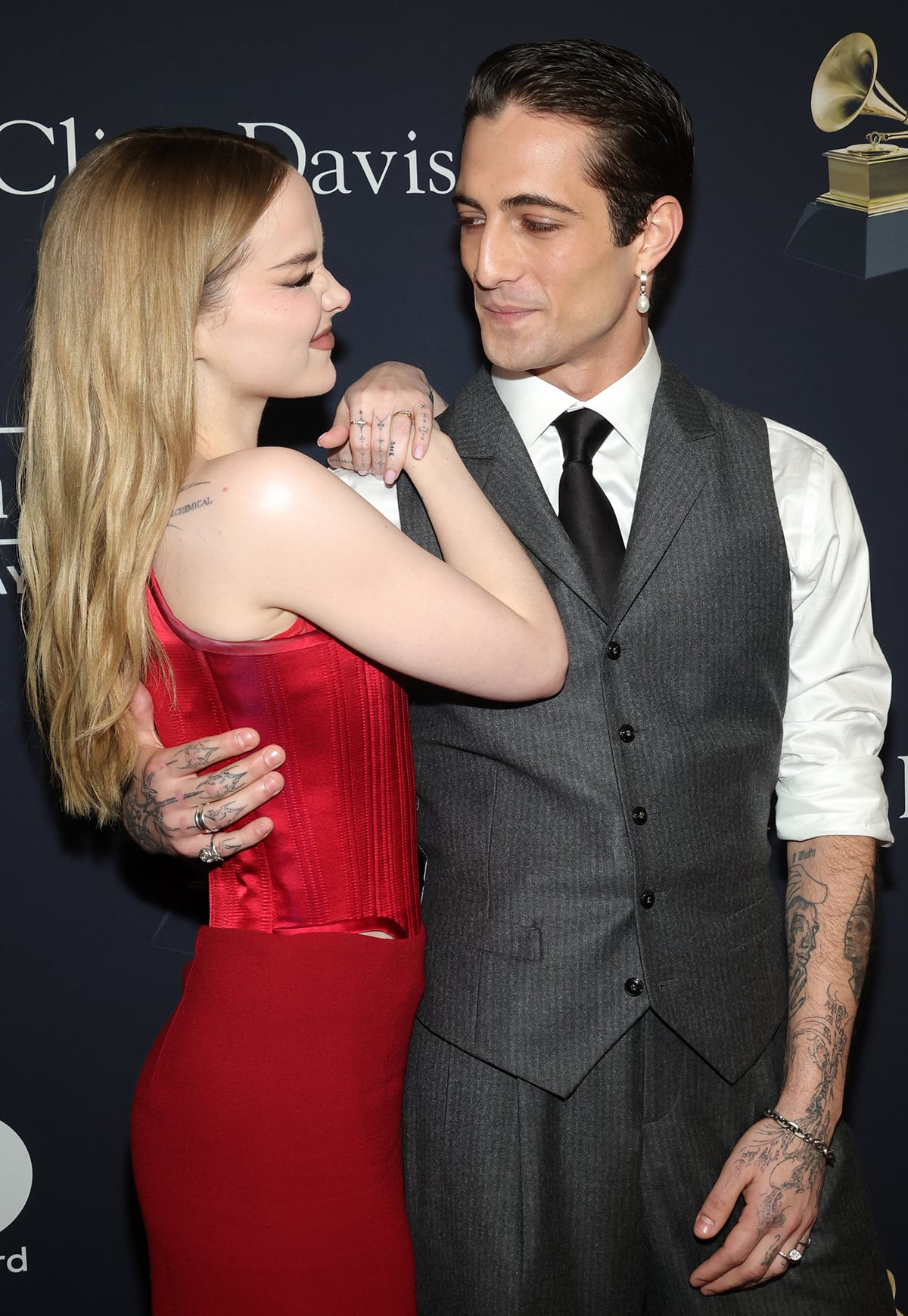 Dove Cameron and boyfriend Damiano David make red-carpet debut as a couple at Clive Davis’ Pre-Grammy Gala at the Beverly Hilton Hotel in Los Angeles on February 3, 2024