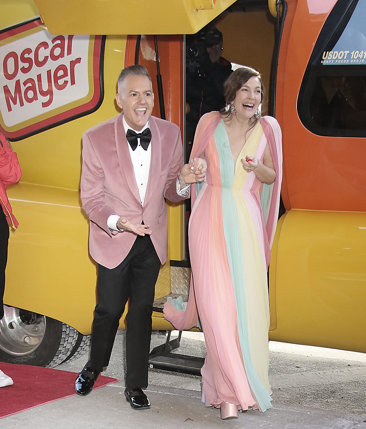 Ross Mathews and Drew Barrymore take the Oscar Mayer Wienermobile for a spin in New York City on February 20, 2024