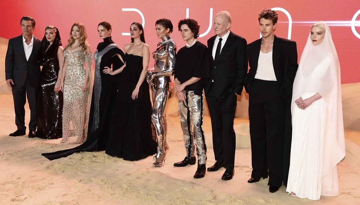 Cast members (L-R) Josh Brolin, Florence Pugh, Lea Seydoux, Rebecca Ferguson, Souheila Yacoub, Zendaya, Timothee Chalamet, Stellan Skarsgard, Austin Butler and Anya Taylor-Joy attend the world premiere of 'Dune: Part Two' presented by Warner Bros. Pictures & Legendary in Leicester Square in London, United Kingdom on February 15, 2024