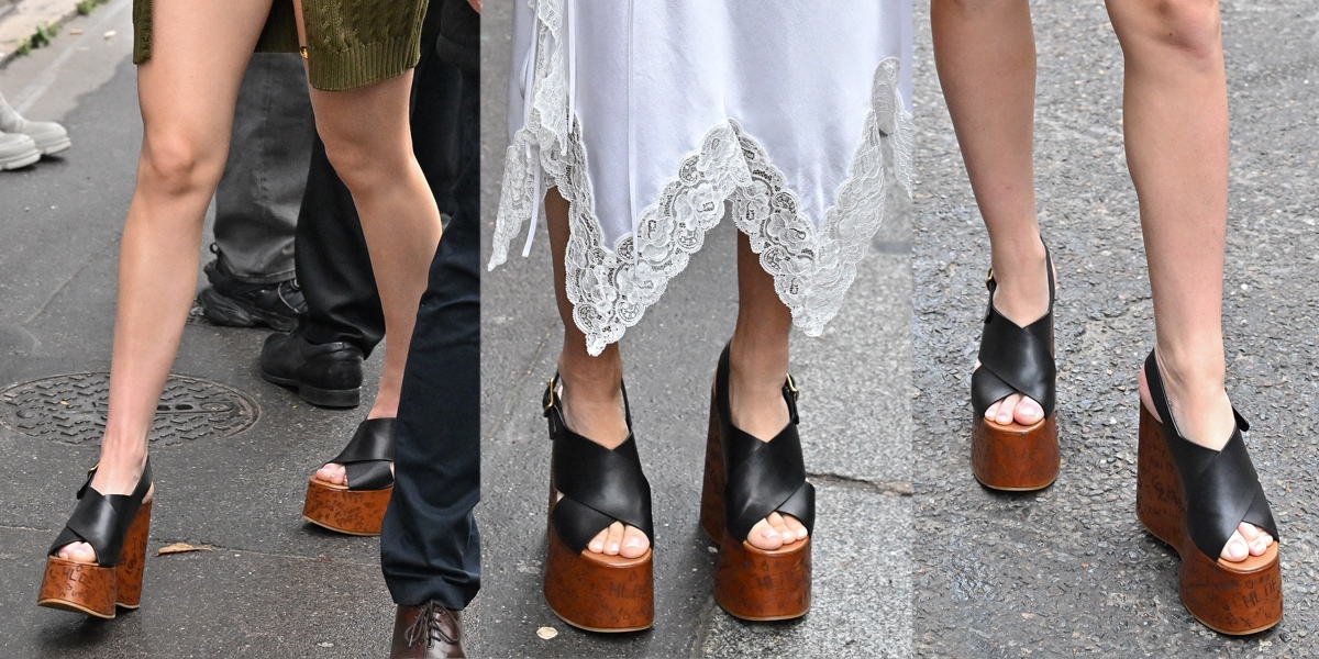 Celebrities wear the same Chloe wedge heels at Chloe's fashion presentation during Paris Fashion Week Womenswear Fall/Winter 2024-2025 on February 29, 2024