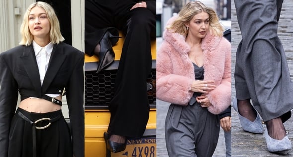 Gigi Hadid Puts Edgy Spin on Business Wear in Crop Suit Blazer and Suit Vest with Pink Fur Jacket for New Maybelline Commercial