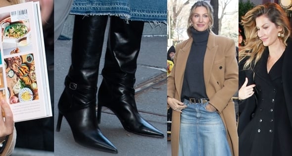 Gisele Bündchen Stylishly Promotes Cookbook Nourish in Flowy Denim Midi-Skirt and Knee-High Celine Black Leather Boots at The View