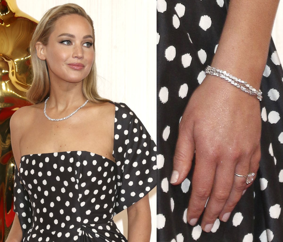Jennifer Lawrence teams her polka-dot dress with a tennis necklace and a matching tennis bracelet from the Swarovski Created Diamonds Galaxy collection