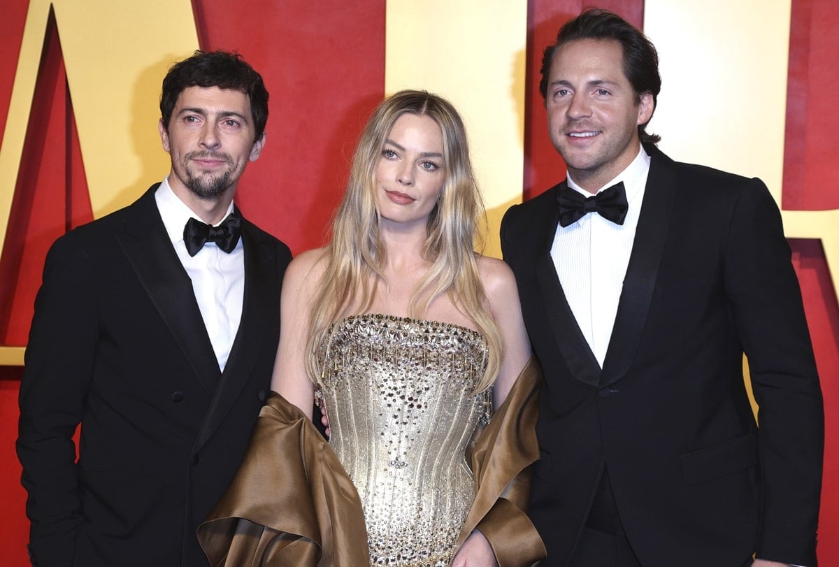 Josey McNamara, Margot Robbie, and Tom Ackerley at the 2024 Vanity Fair Oscar Party