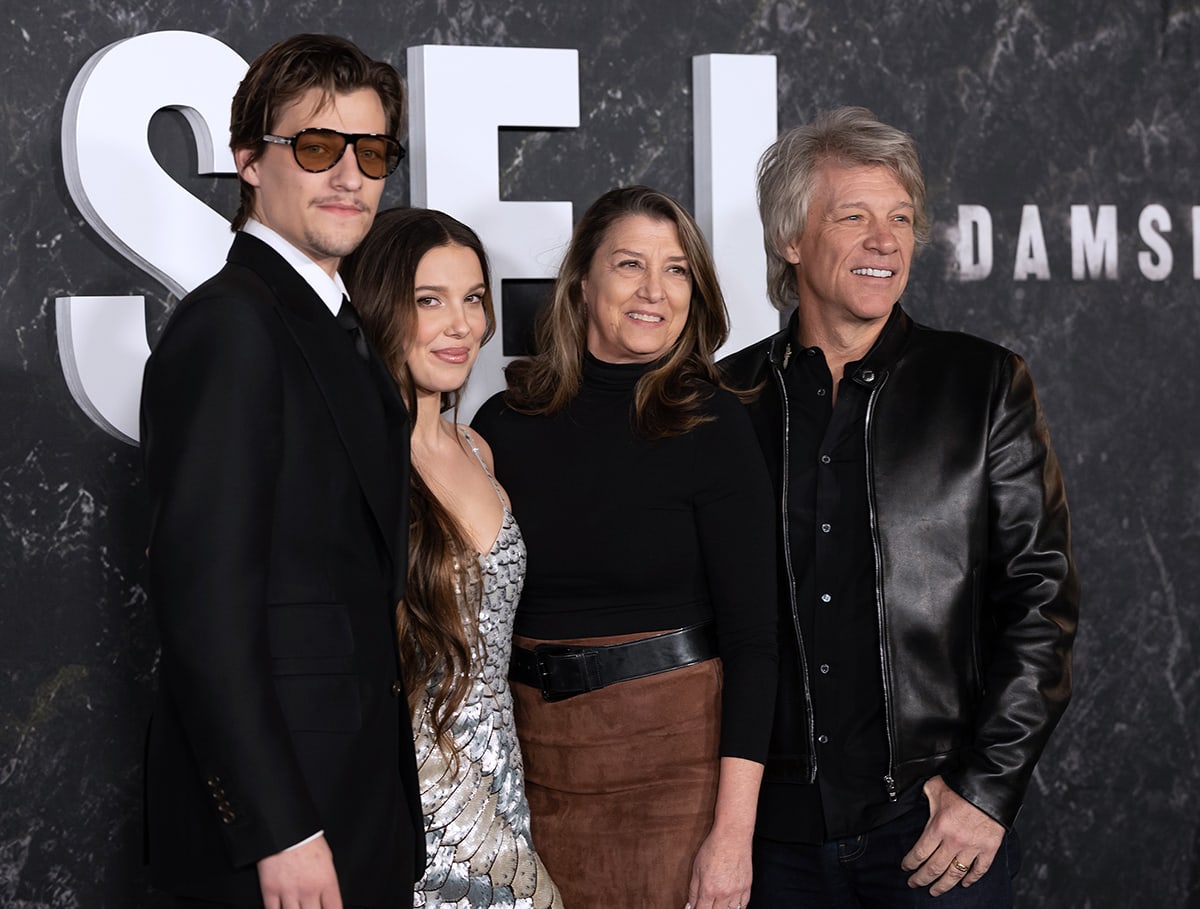 Jake Bongiovi's parents Dorothea Hurley and Jon Bon Jovi show their support for their future daughter-in-law Millie Bobby Brown at the premiere of her upcoming Netflix movie, Damsel