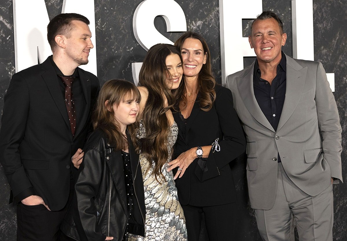 Millie Bobby Brown with her parents Robert and Kelly Brown and two of her three siblings at the Damsel NYC premiere