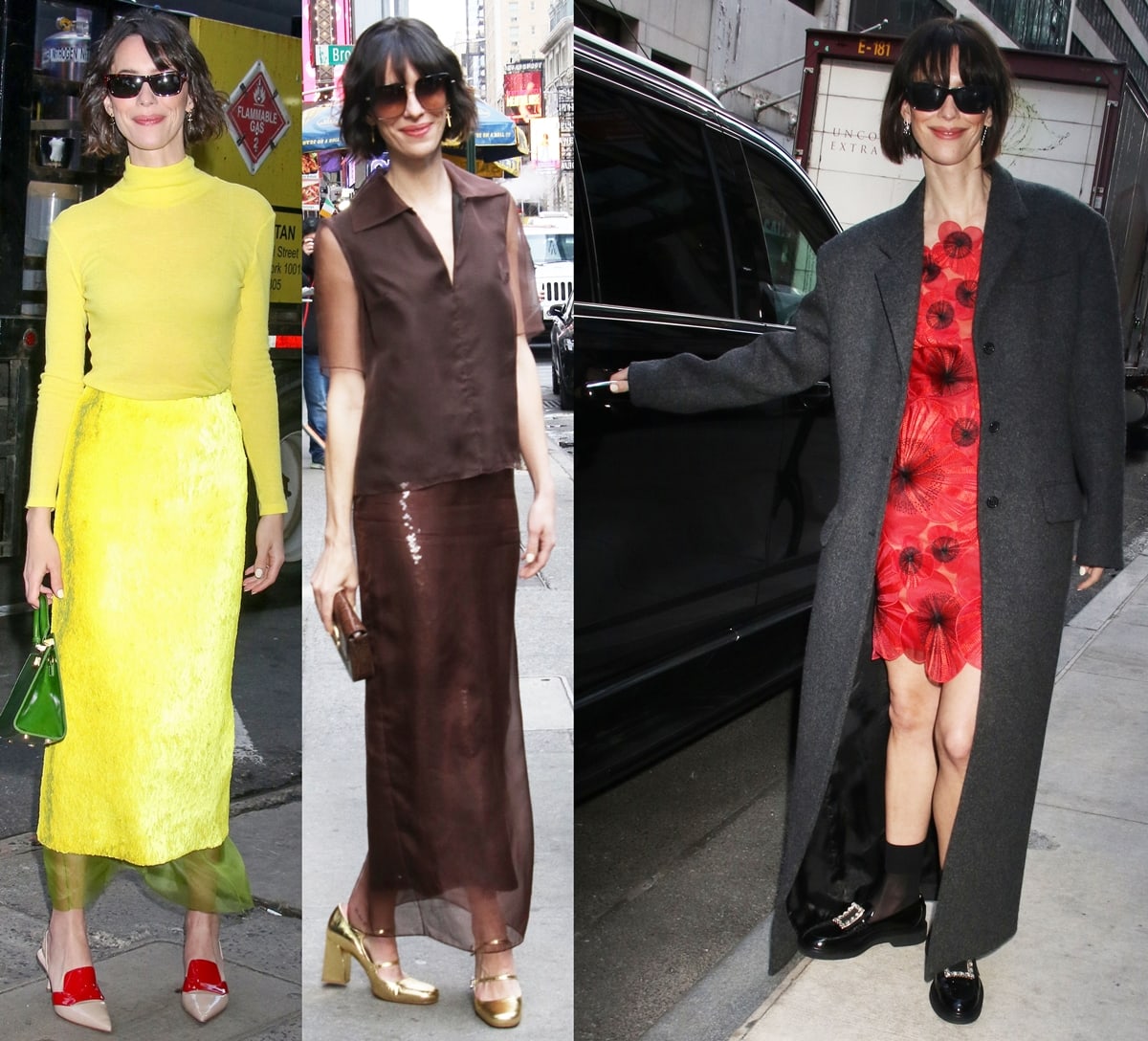 Rebecca Hall's fashion versatility shines in a trio of outfits: a radiant yellow ensemble for daytime sparkle, a polished brown satin dress for sleek simplicity, and a red floral number with a classic coat for playful elegance